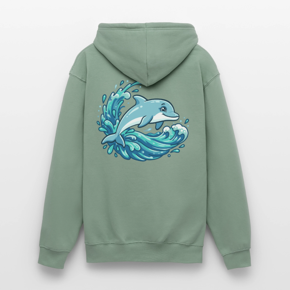 Kleiner.Delfin .große.Welle.unisex.hoodie - Graugrün